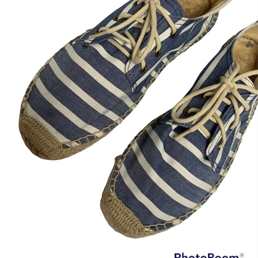 Soludos Derby Blue White Stripe Lace Up Espadrilles